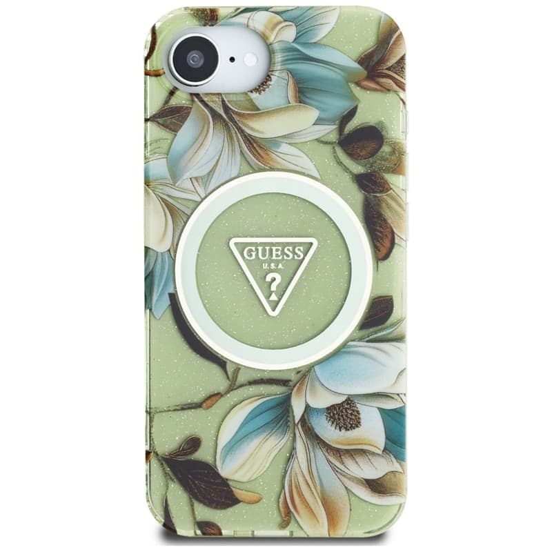 Guess IML Metal Glitter Flowers Triangle MagSafe - Case for iPhone 16e (green) - 3