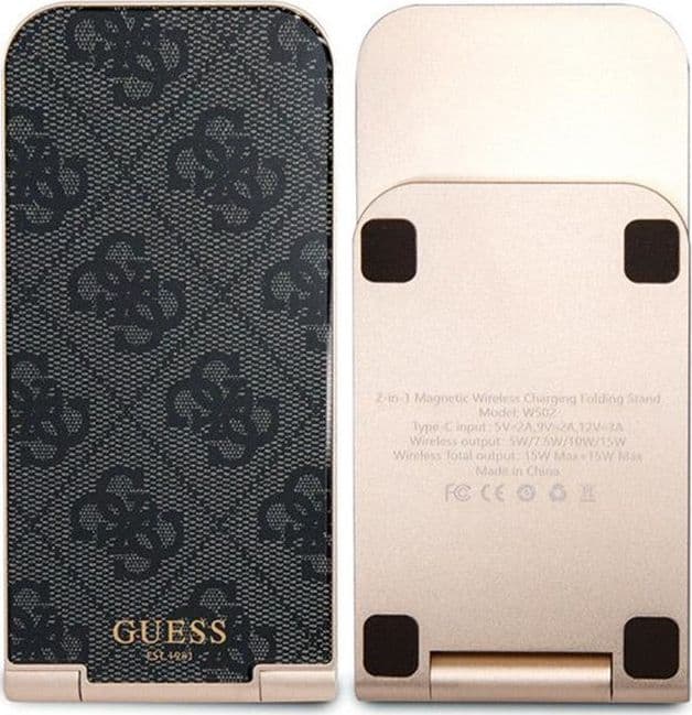 Guess 4G Pattern MagSafe - Foldable 2-in-1 Inductive Charger with MagSafe for iPhone and AirPods 15W (black) - 4