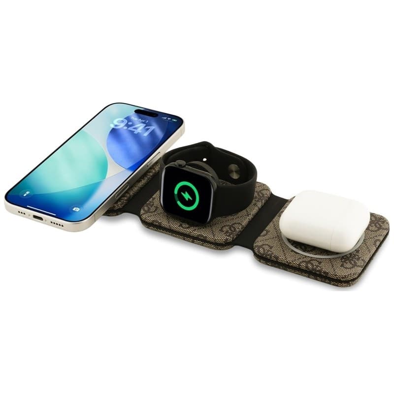 Caricabatterie wireless Guess 4G - Caricabatterie wireless MagSafe 3 in 1 per iPhone, AirPods e Apple Watch 15W (marrone) - 3