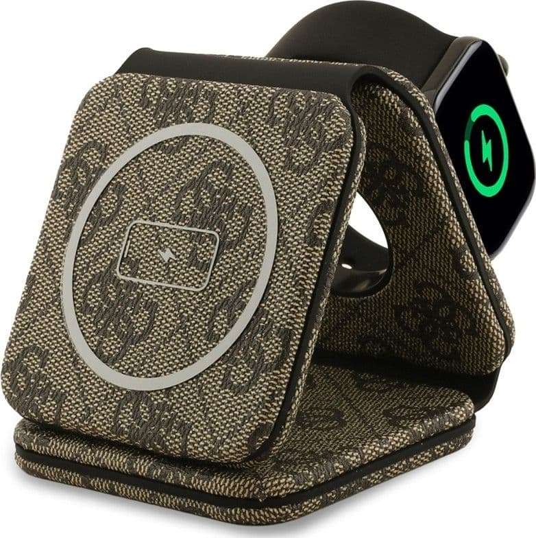 Caricabatterie wireless Guess 4G - Caricabatterie wireless MagSafe 3 in 1 per iPhone, AirPods e Apple Watch 15W (marrone) - 4