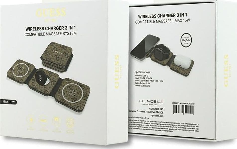 Caricabatterie wireless Guess 4G - Caricabatterie wireless MagSafe 3 in 1 per iPhone, AirPods e Apple Watch 15W (marrone) - 5