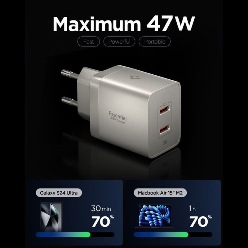 Caricabatterie da parete Spigen Essential EE472EU GaN - 2 porte USB-C PD PPS 47W (Titanio Naturale) - 2