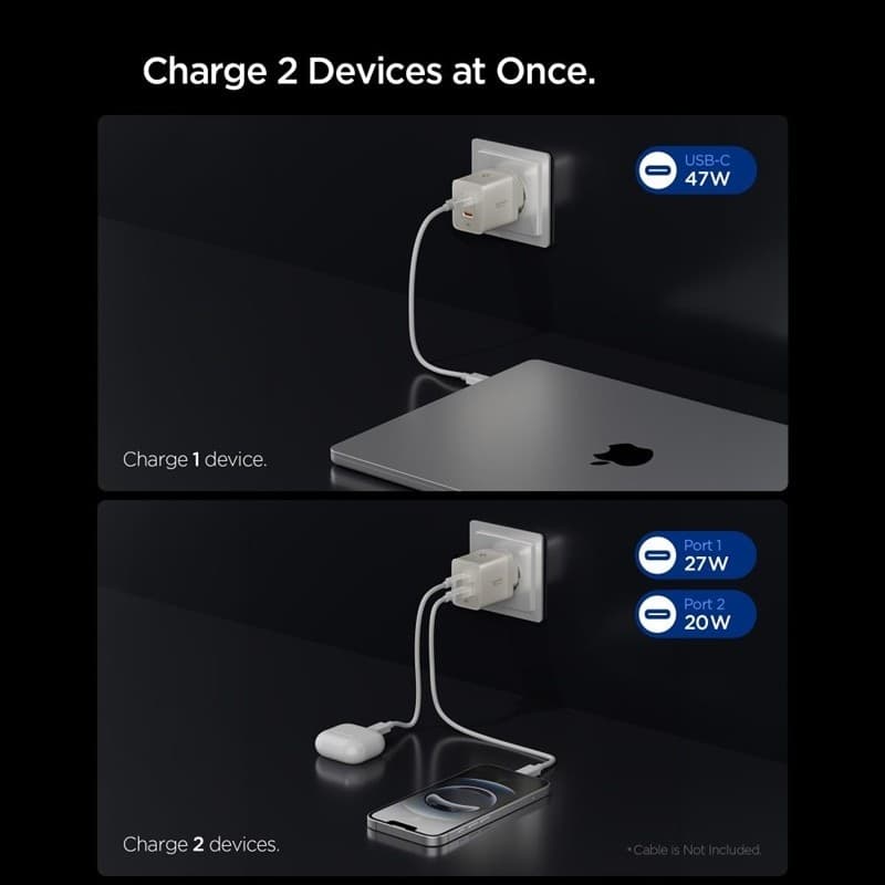 Caricabatterie da parete Spigen Essential EE472EU GaN - 2 porte USB-C PD PPS 47W (Titanio Naturale) - 3