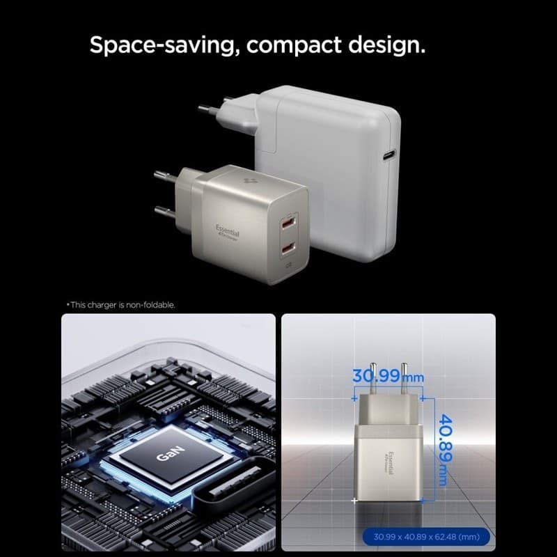 Caricabatterie da parete Spigen Essential EE472EU GaN - 2 porte USB-C PD PPS 47W (Titanio Naturale) - 4