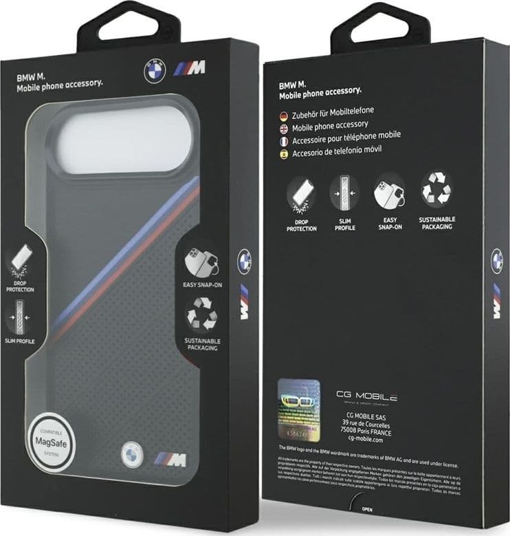 Custodia MagSafe per iPhone Air con logo in metallo tricolore BMW M (nera) - 8
