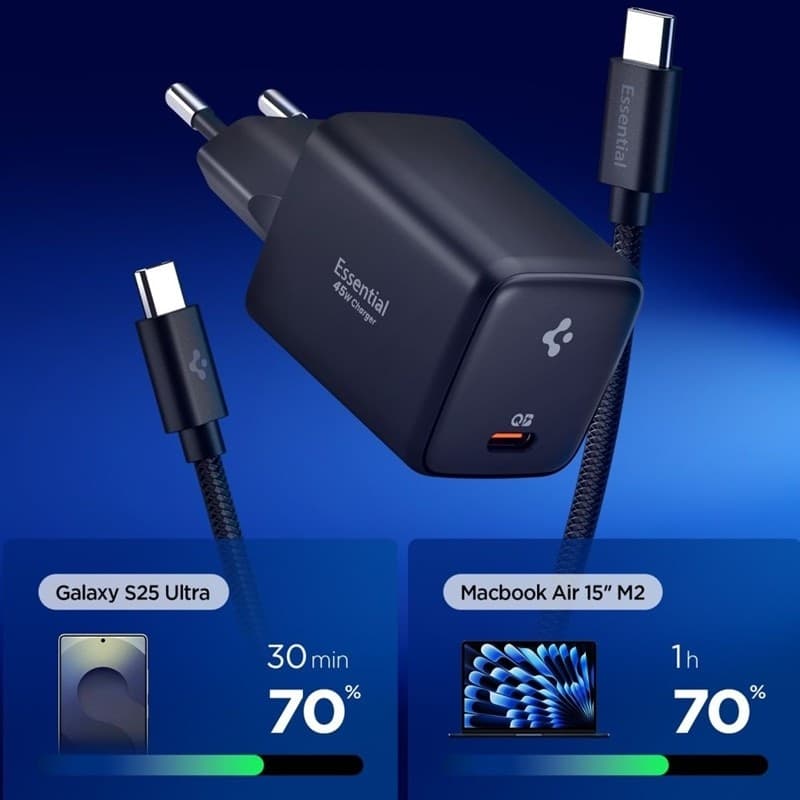 Spigen EE451EU Essential GaN Pro - Caricabatterie da parete USB-C PD PPS da 45 W + cavo USB-C da 1 m (nero) - 2