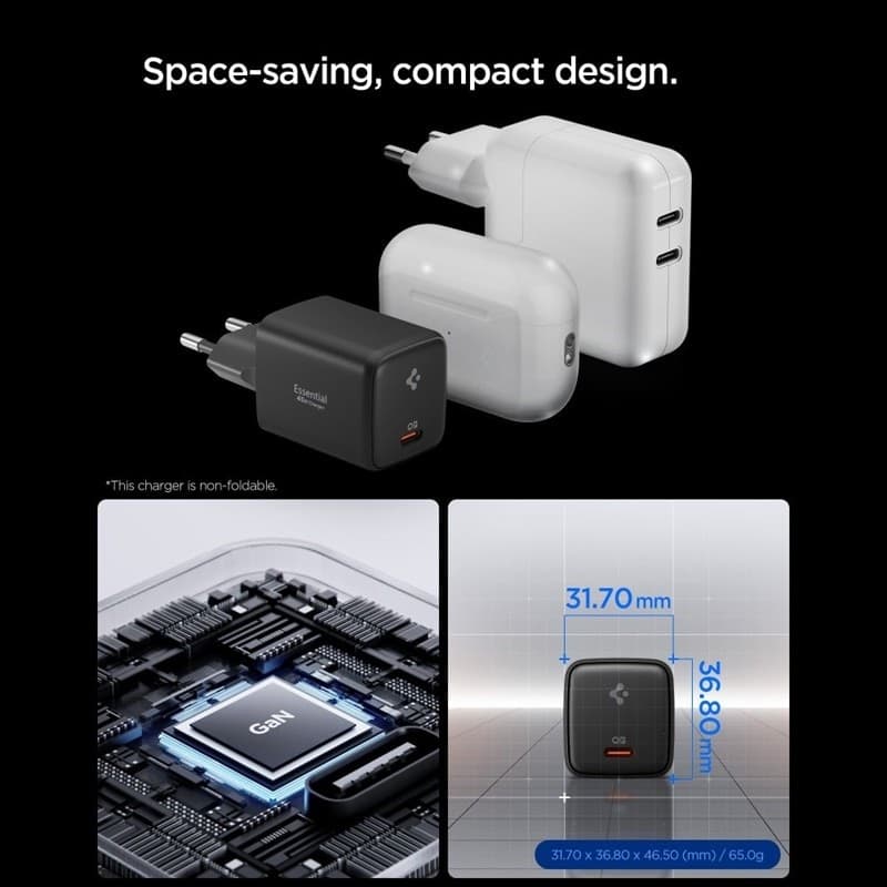 Spigen EE451EU Essential GaN Pro - Caricabatterie da parete USB-C PD PPS da 45 W + cavo USB-C da 1 m (nero) - 3