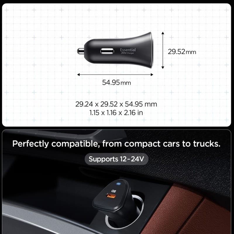 Spigen Essential EV301 - USB-C PD 3.0 PPS 30W Car Charger (Black) - 7