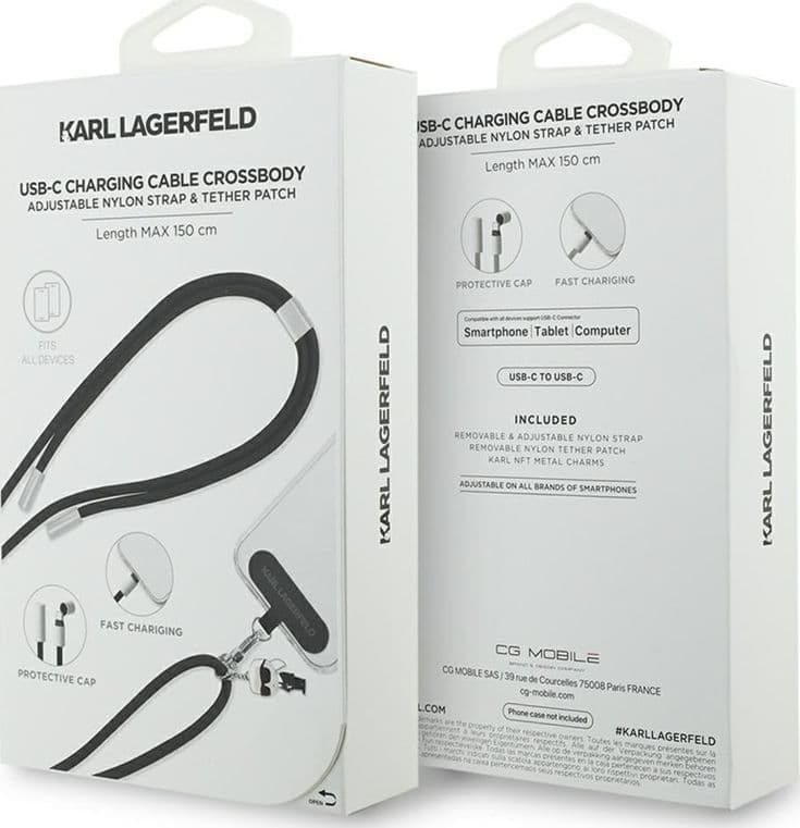 Karl Lagerfeld Crossbody Strap Ikonik Charm - Universal Phone Strap / USB-C to USB-C Cable 1.5m (Black) - 4