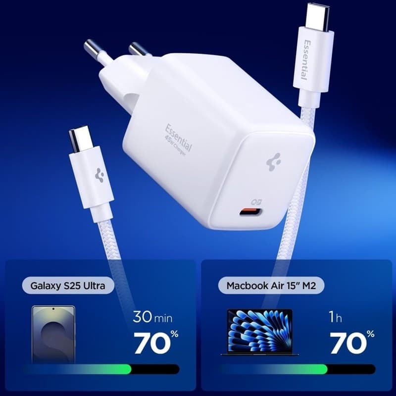 Spigen EE451EU Essential GaN Pro - Caricabatterie da parete USB-C PD PPS da 45 W + cavo USB-C da 1 m (bianco) - 2