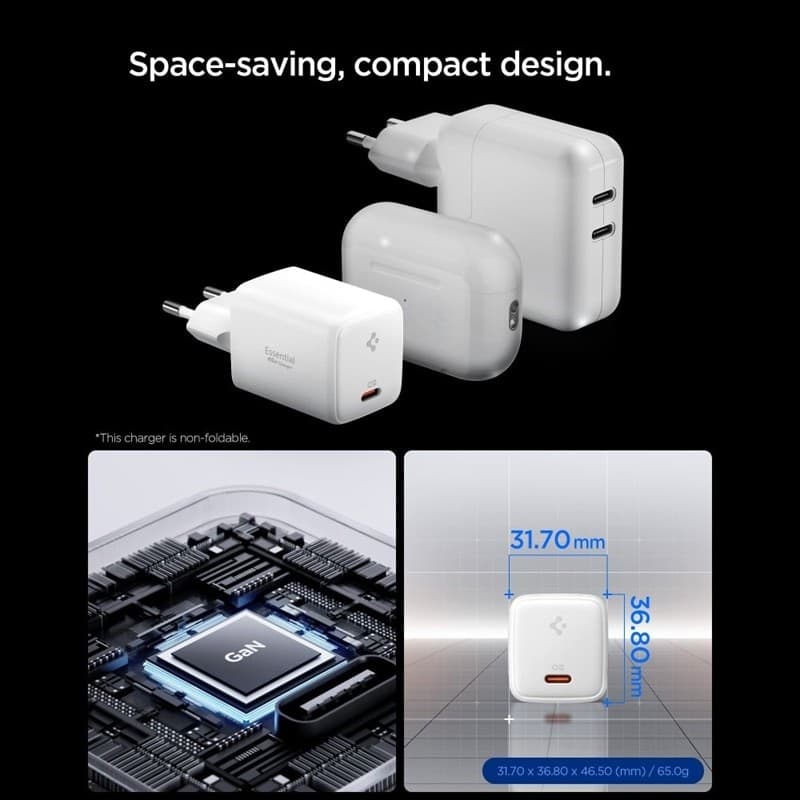 Spigen EE451EU Essential GaN Pro - Caricabatterie da parete USB-C PD PPS da 45 W + cavo USB-C da 1 m (bianco) - 3