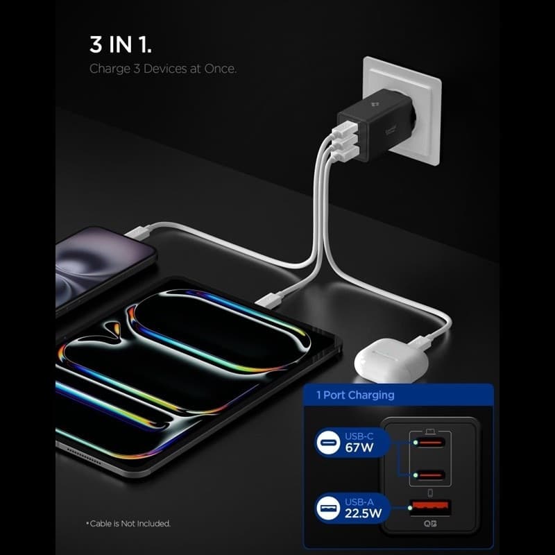 Spigen Essential EE673EU GaN Pro - Caricabatterie da muro 2x USB-C + USB-A 67W (nero) - 3