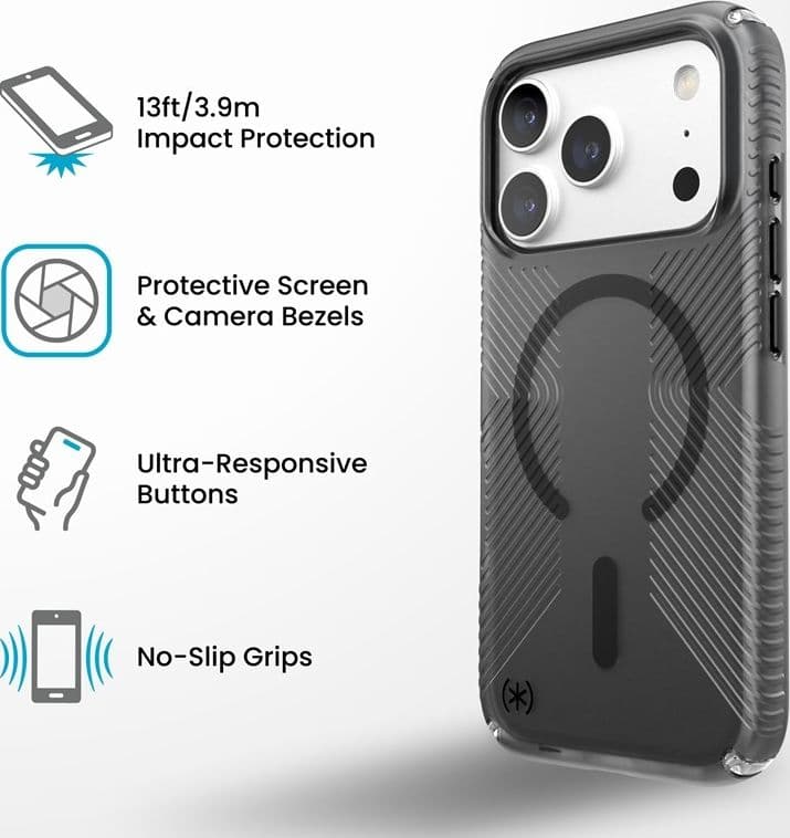 Speck Presidio Lux Grip MagSafe - Custodia per iPhone 18 Pro / 17 Pro (Ossidiana) - 10