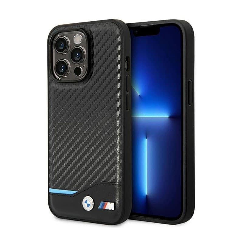 BMW Leather Carbon Blue Line - Case for iPhone 14 Pro (Black)