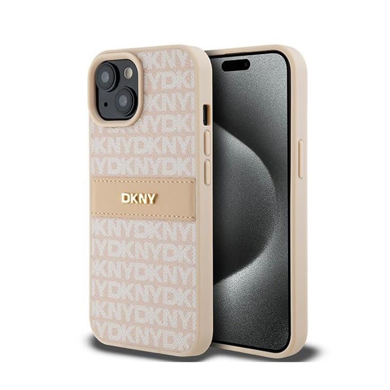DKNY Leather Mono Stripe & Metal Logo - Case for iPhone 15 Plus / 14 Plus (pink)