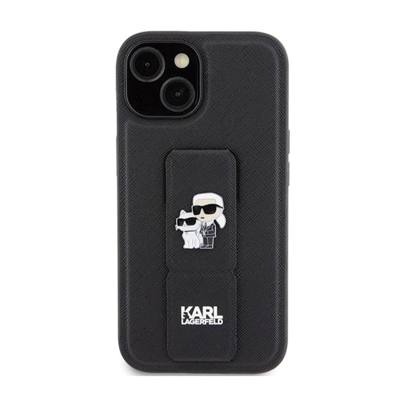 Karl Lagerfeld Gripstand Saffiano Karl & Choupette Pins - iPhone 15 Case (Black) - 3