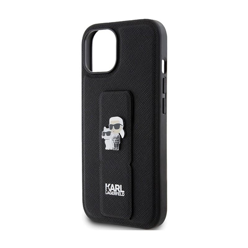 Karl Lagerfeld Gripstand Saffiano Karl & Choupette Pins - iPhone 15 Case (Black) - 6