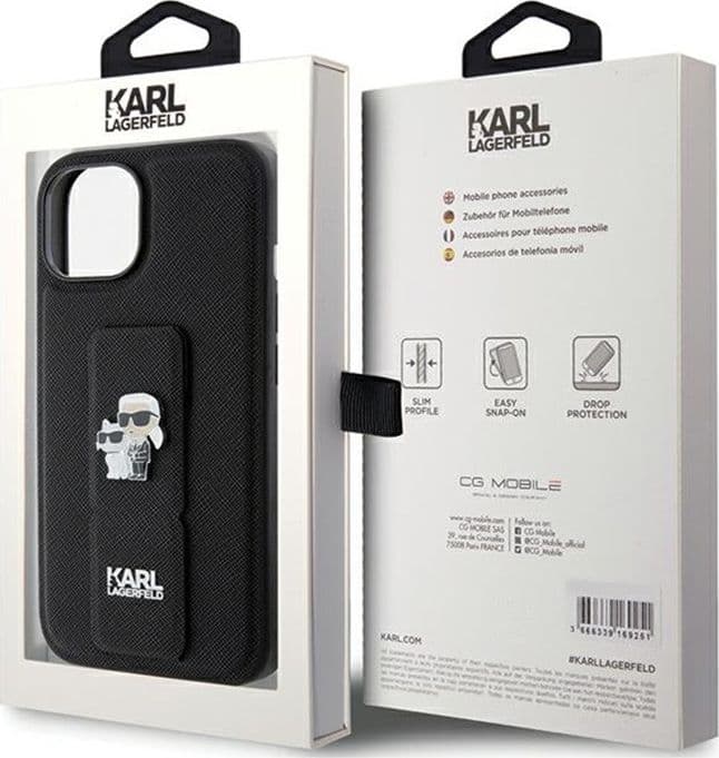 Karl Lagerfeld Gripstand Saffiano Karl & Choupette Pins - iPhone 15 Case (Black) - 8