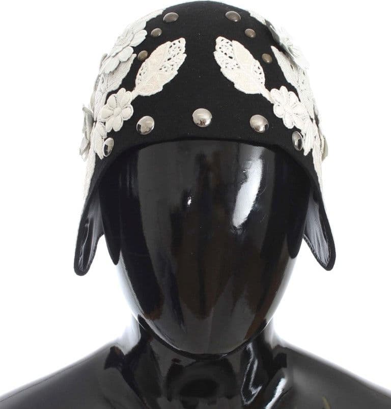 Dolce & Gabbana Black Wool White Floral Gold Leaf Hat - 2