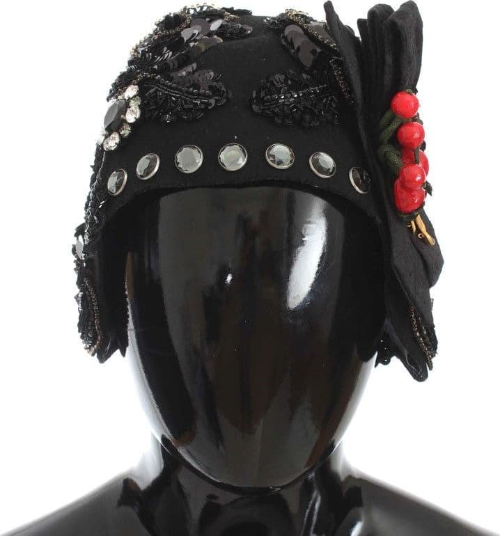 Dolce & Gabbana Black Crystal Gold Cherries Brooch Hat - 2