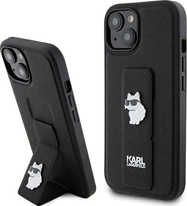 Karl Lagerfeld Gripstand Saffiano Choupette Pins - iPhone 15 Case (Black)
