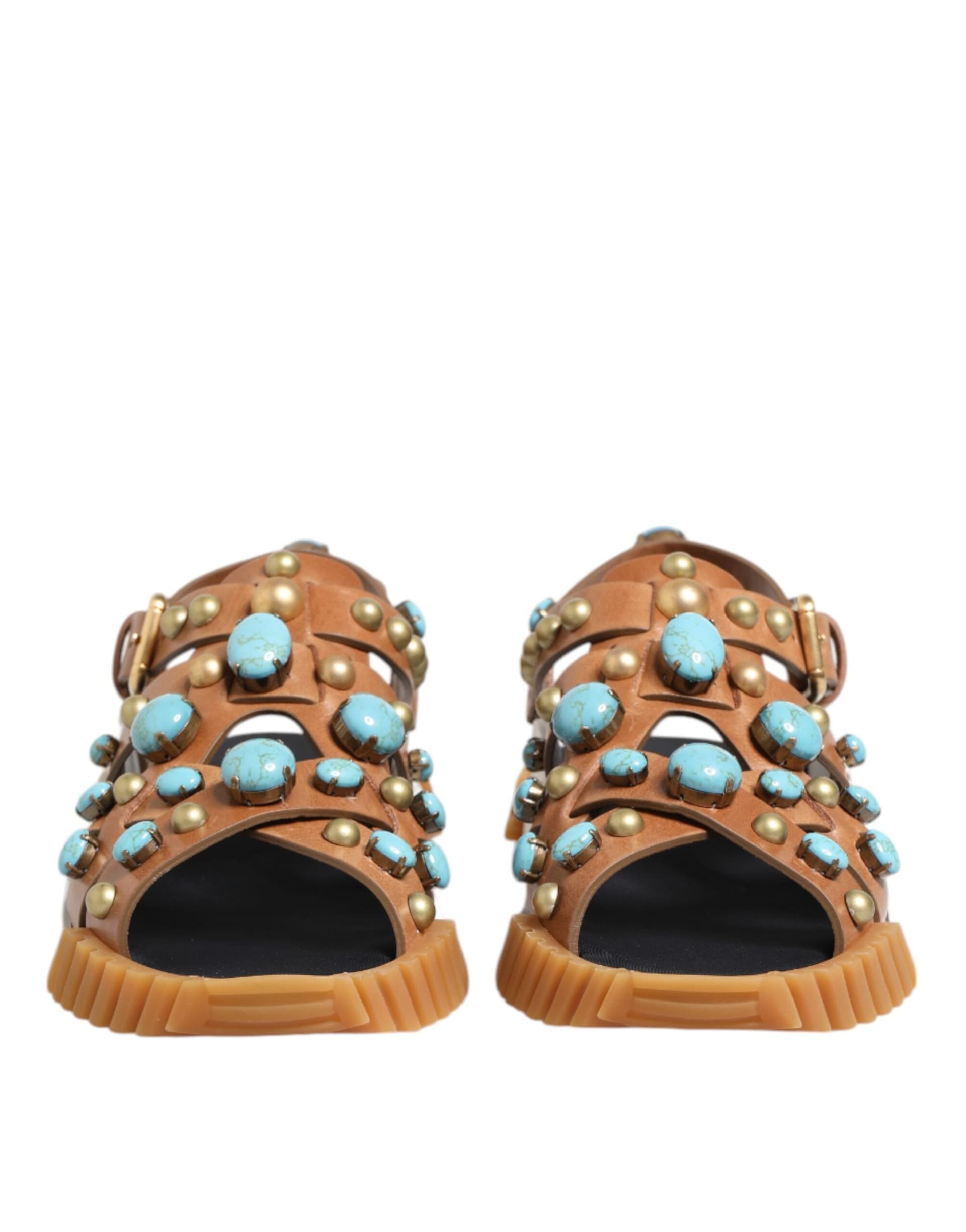 Dolce & Gabbana Brown Leather Studded Slides Sandals Shoes - 2