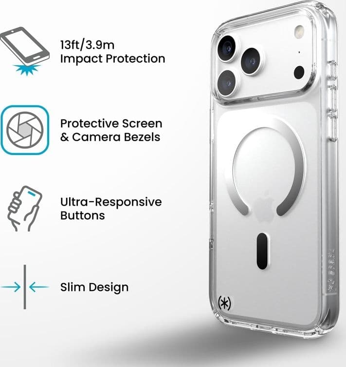 Speck Presidio Perfect Clear MagSafe - Custodia per iPhone 18 Pro Max / 17 Pro Max (Trasparente) - 10