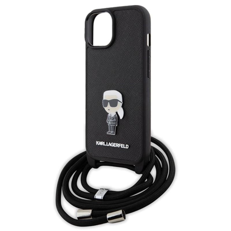 Karl Lagerfeld Crossbody Saffiano Monogram Ikonik Metal Pin - Case for iPhone 15 (Black) - 5