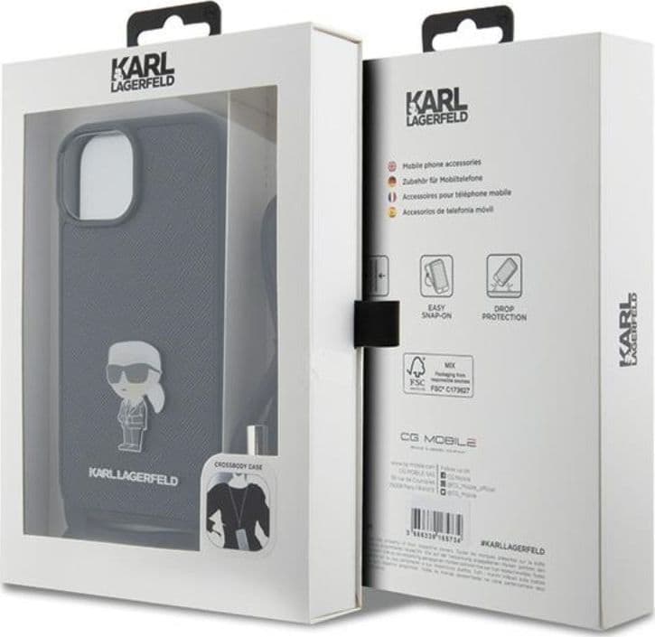 Karl Lagerfeld Crossbody Saffiano Monogram Ikonik Metal Pin - Case for iPhone 15 (Black) - 7