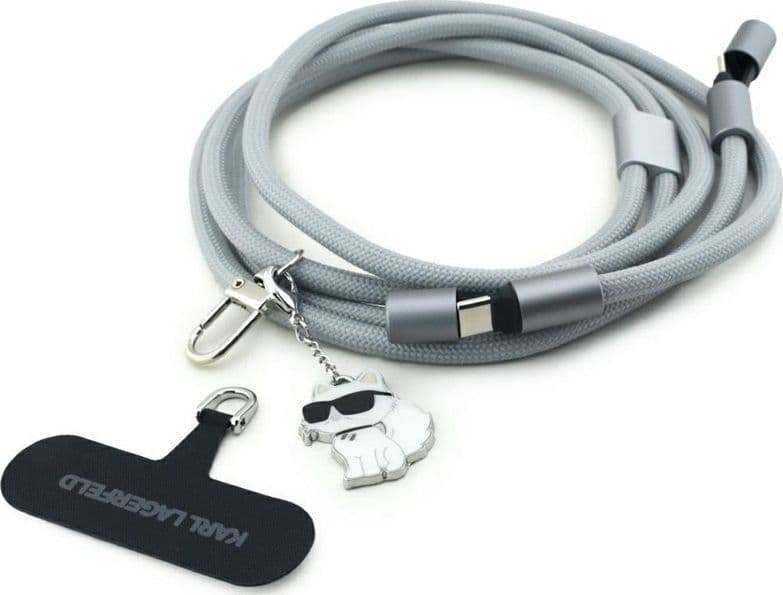 Karl Lagerfeld Crossbody Strap Choupette Charm - Universal Phone Strap / USB-C to USB-C Cable 1.5m (Grey)