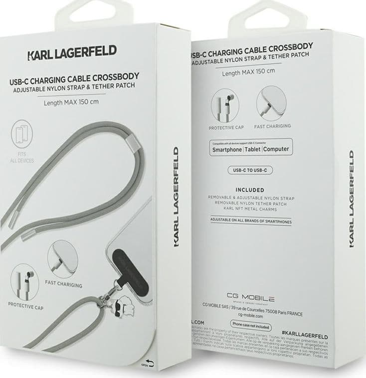 Karl Lagerfeld Crossbody Strap Choupette Charm - Universal Phone Strap / USB-C to USB-C Cable 1.5m (Grey) - 4