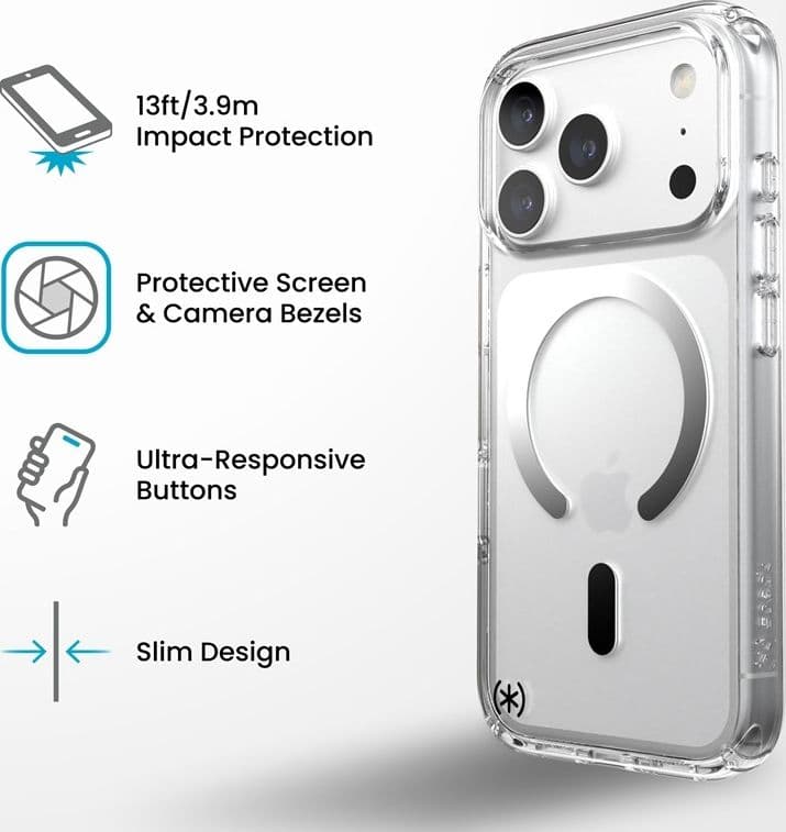 Speck Presidio Perfect Clear MagSafe - Custodia per iPhone 18 Pro / 17 Pro (Trasparente) - 10