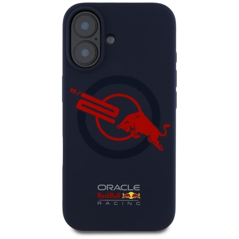 Custodia per iPhone 16 con logo Red Bull HC in silicone e fodera rossa MagSafe (blu navy) - 3