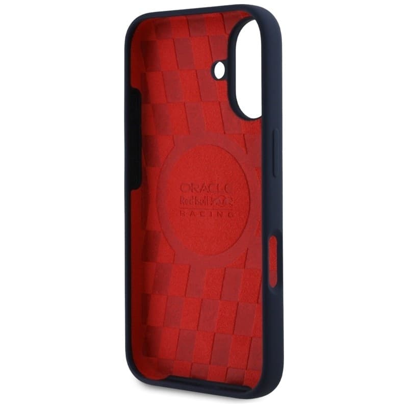 Custodia per iPhone 16 con logo Red Bull HC in silicone e fodera rossa MagSafe (blu navy) - 7