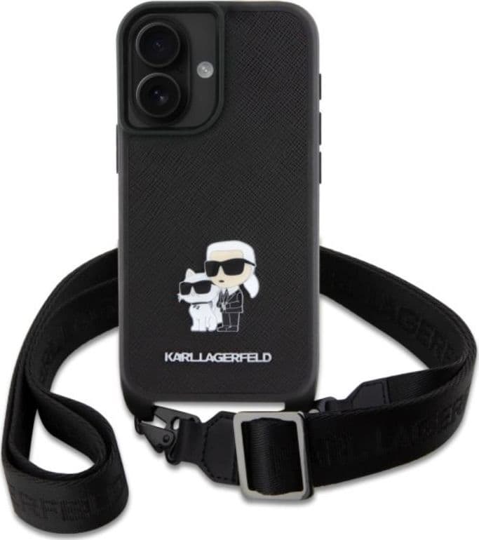 Karl Lagerfeld Saffiano Karl & Choupette Metal Pin CBDY Strap - Case for iPhone 16 (black) - 2