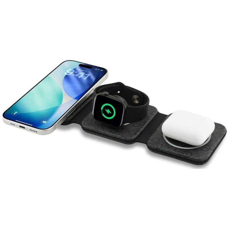 Caricabatterie wireless Guess 4G - Caricabatterie a induzione MagSafe 3 in 1 per iPhone, AirPods e Apple Watch 15W (Nero) - 3