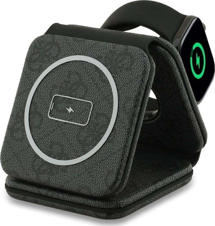 Caricabatterie wireless Guess 4G - Caricabatterie a induzione MagSafe 3 in 1 per iPhone, AirPods e Apple Watch 15W (Nero) - 4