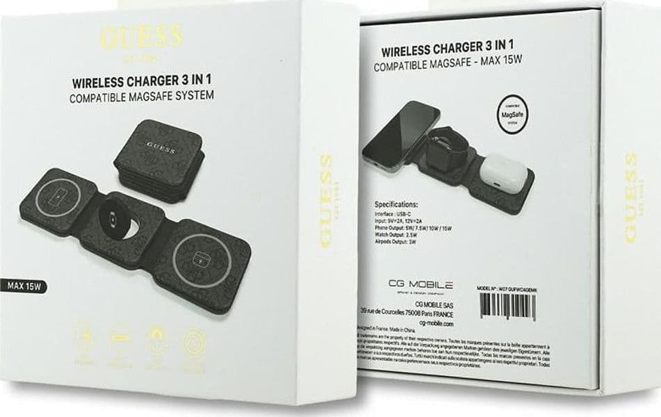 Caricabatterie wireless Guess 4G - Caricabatterie a induzione MagSafe 3 in 1 per iPhone, AirPods e Apple Watch 15W (Nero) - 5