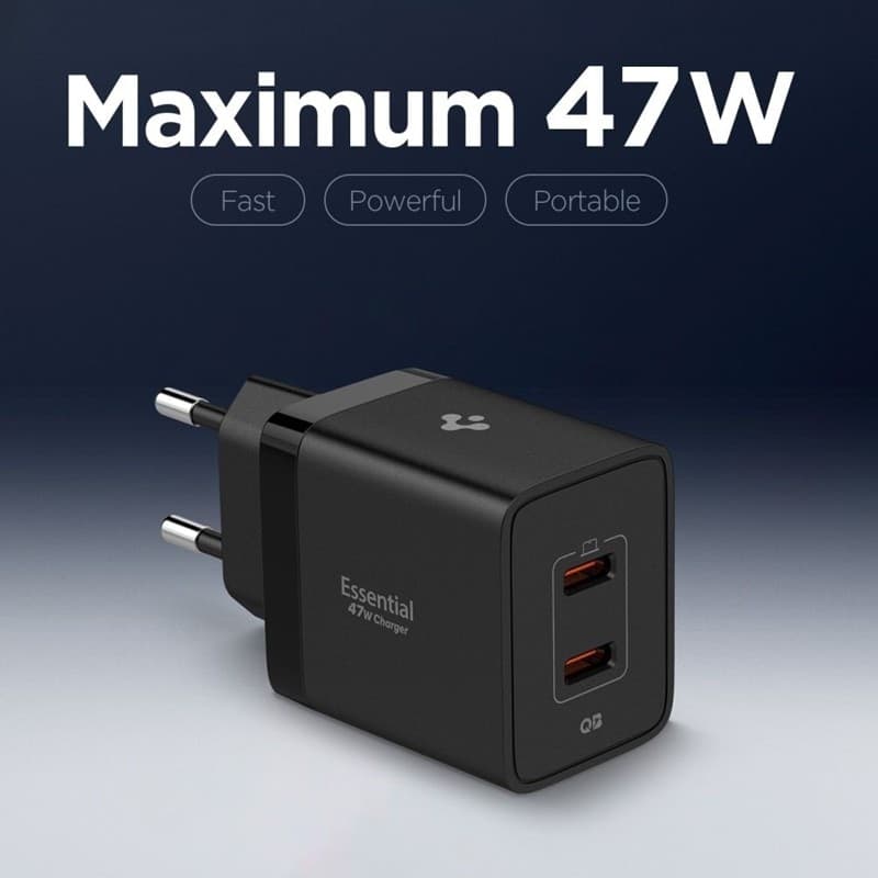 Spigen Essential EE472EU GaN Pro - Caricabatterie da muro 2x USB-C 47W (nero) - 4