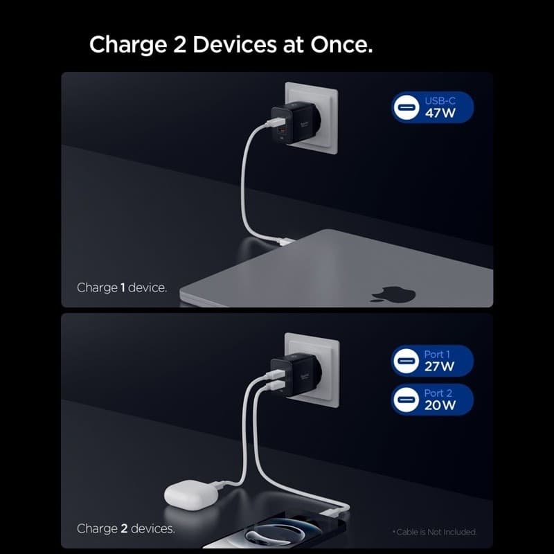 Spigen Essential EE472EU GaN Pro - Caricabatterie da muro 2x USB-C 47W (nero) - 5