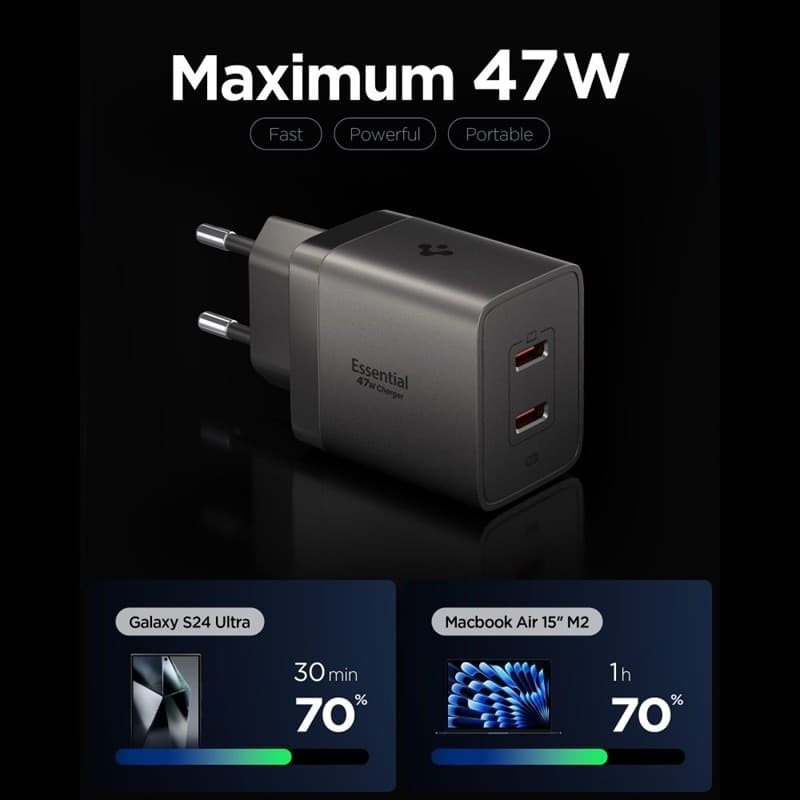 Caricabatterie da parete Spigen Essential EE472EU GaN - 2 porte USB-C PD PPS 47W (Gunmetal) - 2