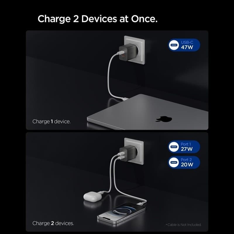 Caricabatterie da parete Spigen Essential EE472EU GaN - 2 porte USB-C PD PPS 47W (Gunmetal) - 3