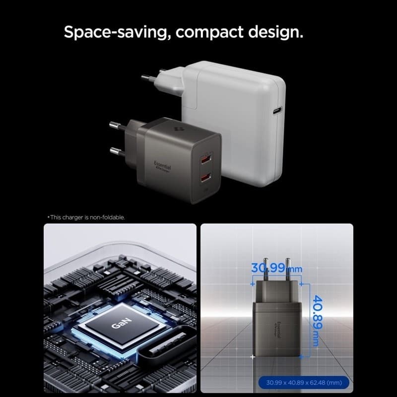 Caricabatterie da parete Spigen Essential EE472EU GaN - 2 porte USB-C PD PPS 47W (Gunmetal) - 4