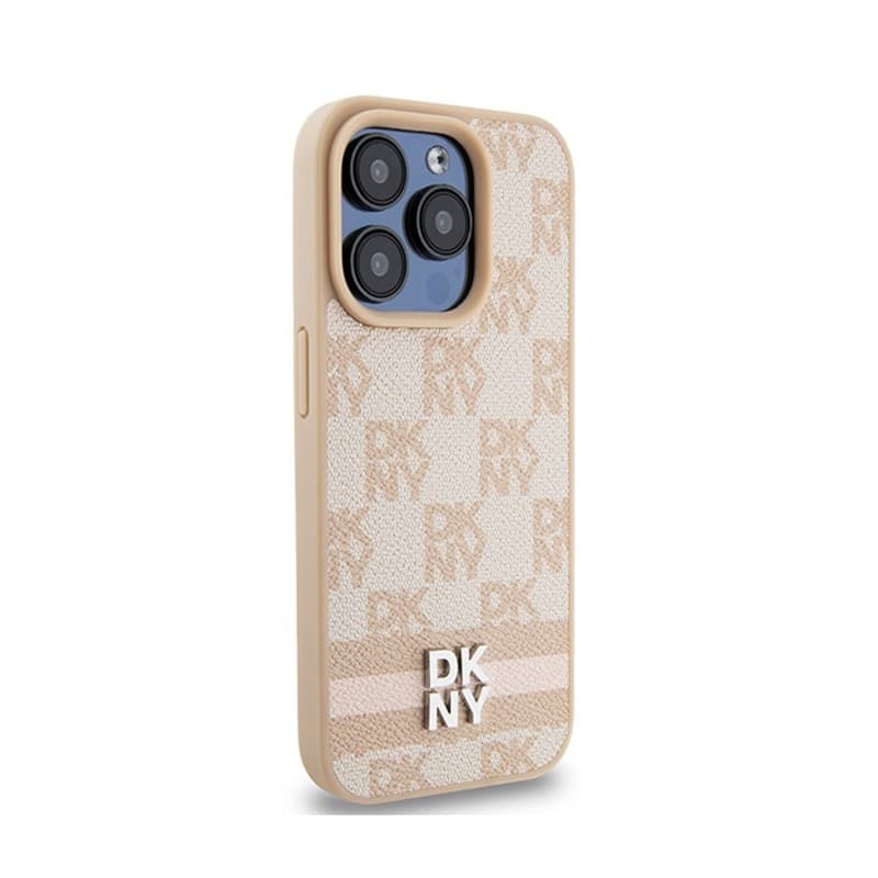 DKNY Leather Checkered Mono Pattern & Printed Stripes - iPhone 15 Pro Case (pink) - 4