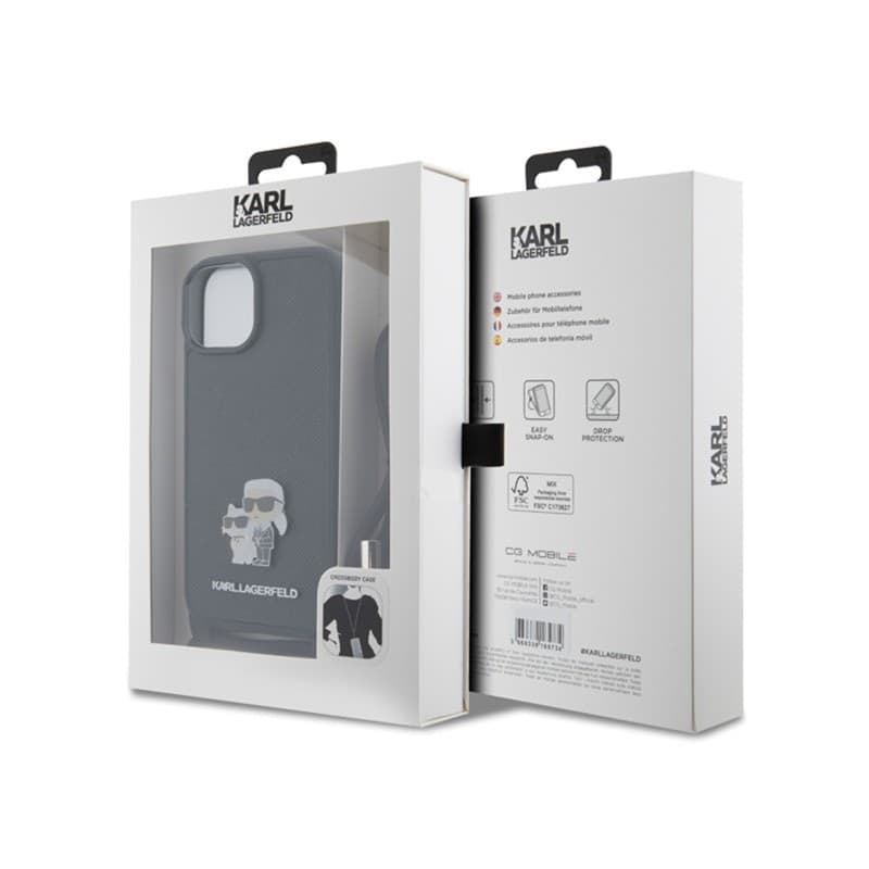 Karl Lagerfeld Crossbody Saffiano Metal Pin Karl & Choupette - Case for iPhone 15 (Black) - 7