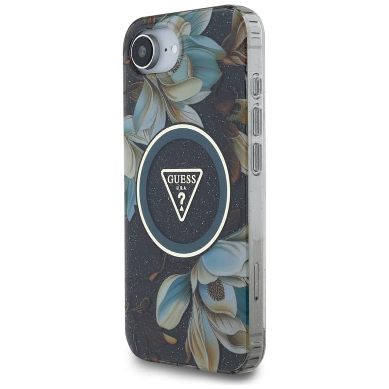Guess IML Metal Glitter Flowers Triangle MagSafe - Case for iPhone 16e (black) - 2
