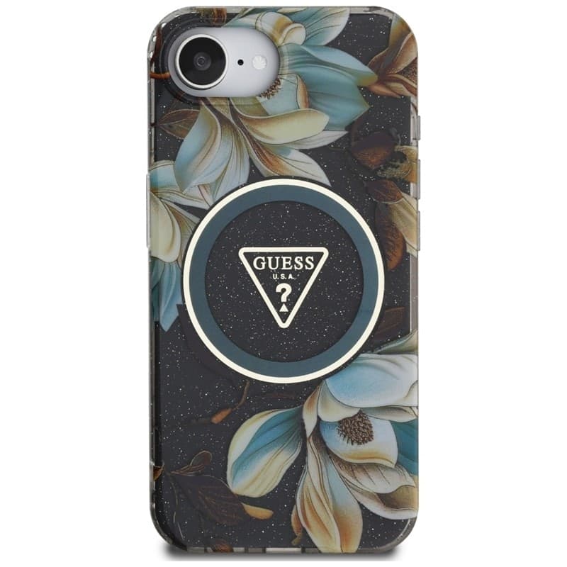 Guess IML Metal Glitter Flowers Triangle MagSafe - Case for iPhone 16e (black) - 3