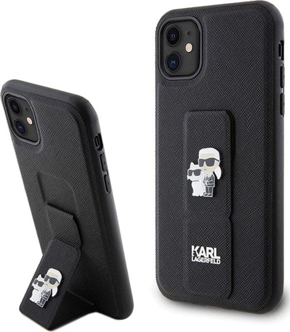 Karl Lagerfeld Gripstand Saffiano Karl & Choupette Pins - iPhone 11 Case (black)