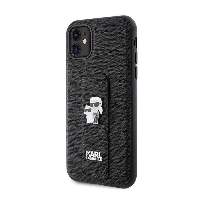 Karl Lagerfeld Gripstand Saffiano Karl & Choupette Pins - iPhone 11 Case (black) - 2