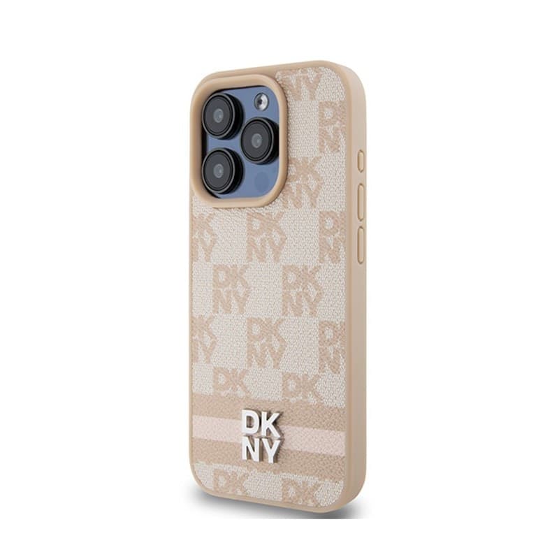 DKNY Leather Checkered Mono Pattern & Printed Stripes - Case for iPhone 15 Pro Max (pink) - 2